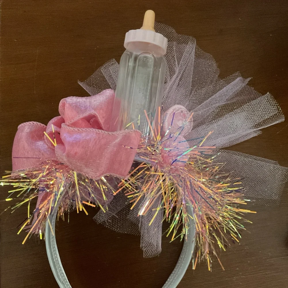 Baby Girl Shower Adorable Mother to Be Headband~Bottle, rattles, Garland, tulle!